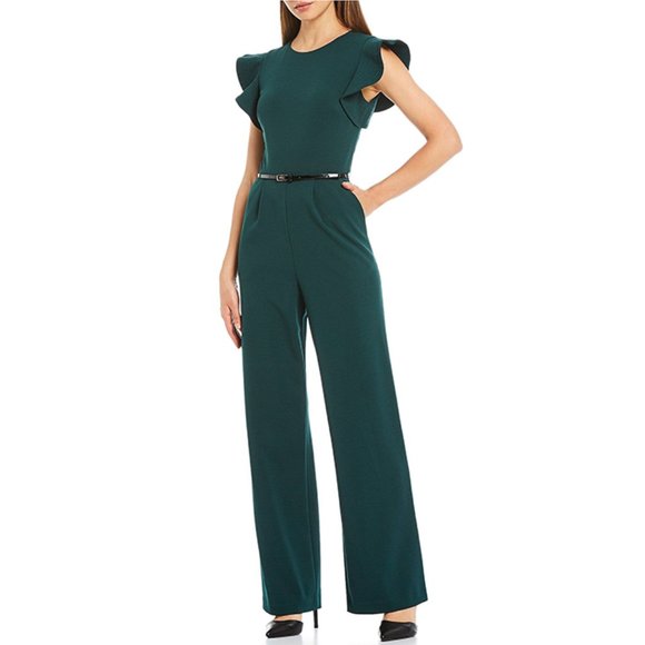 calvin klein ruffle sleeve belted jumpsuit